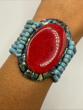 Vintage Southwestern Turquoise Blue Red Abalone Seed Beaded Large Cuff Bracelet